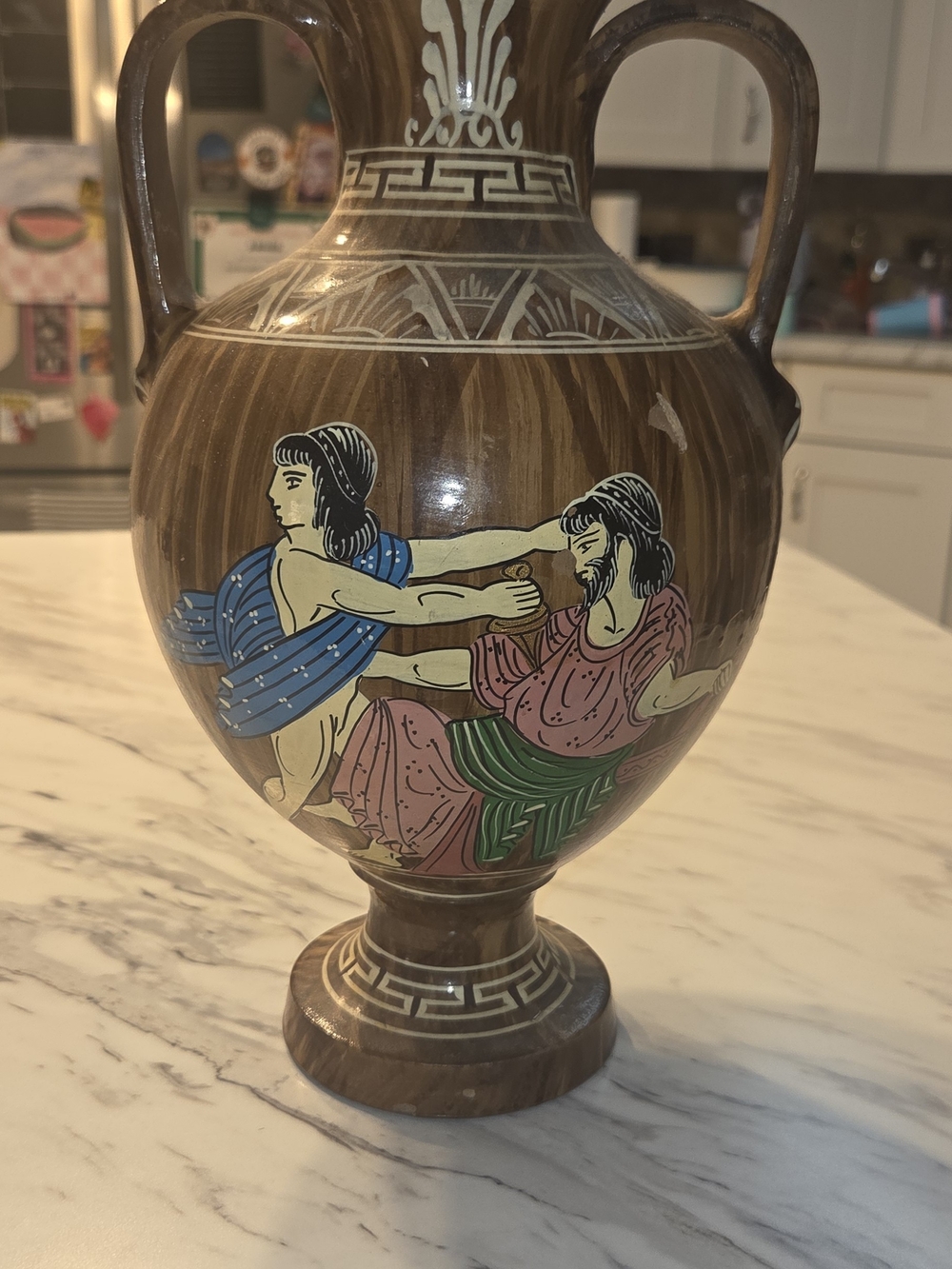 Hand-Painted Greek Style Brown Ceramic Amphora Vase - Blue, Pink, Green Accents